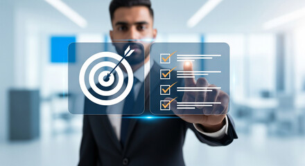 Businessman interacting with a holographic display for business goals and task planning, visualizing strategy and execution