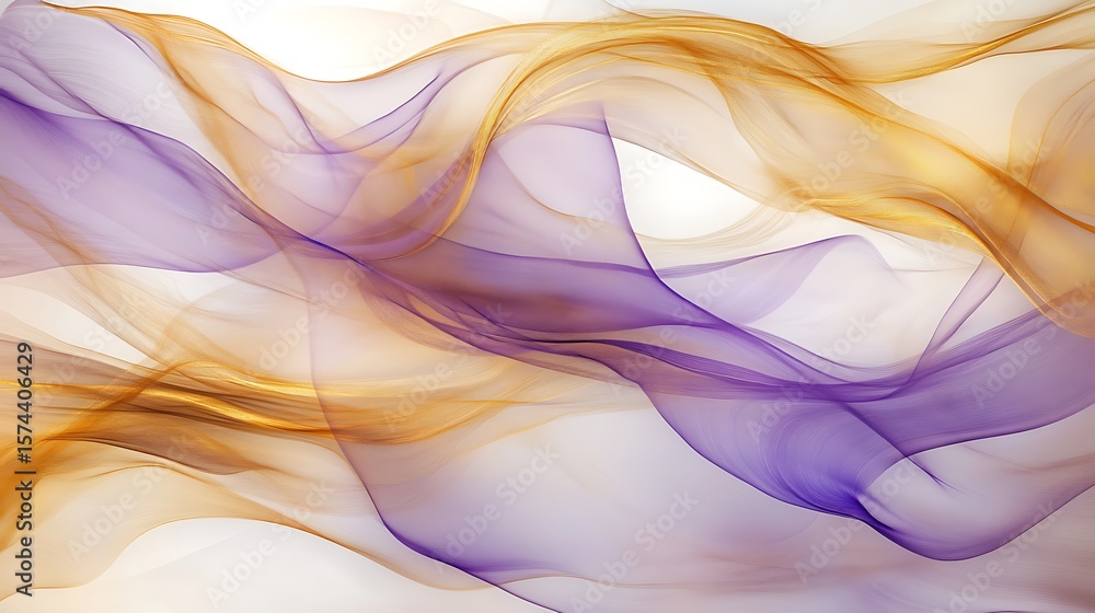 Poster abstract swirling particles in a soft mist of gold and purple, creating a sense of elegance and move