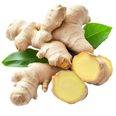 Fresh ginger roots and slices with green leaves isolated on a transparent background