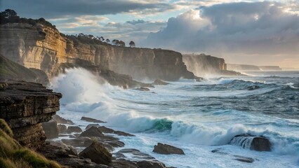Naklejka premium Cliffside landscape with crashing ocean waves