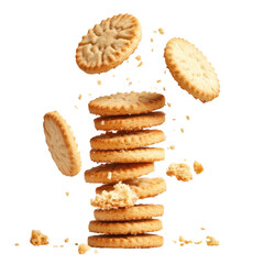 Stacked round biscuits with crumbs isolated on a transparent background cookies baked goods