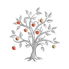 Tree made of silver leaves and twigs with fallen apples
