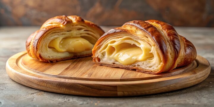 Freshly baked croissant with cheese custard filling cut into two parts on a light brown round cutting board