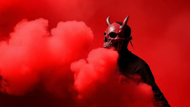 Fiery celebration with devil mask and vibrant smoke