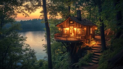 Cozy cabin nestled in trees overlooking calm water, lit warmly at dusk with stone stairs to entry