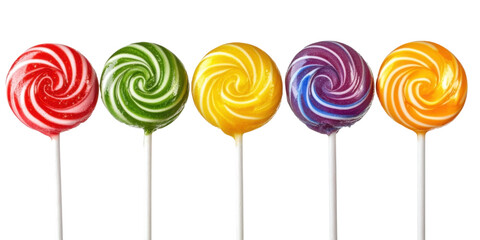 Colorful swirling lollipops on sticks isolated on a transparent background candy