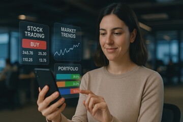 Woman Using Smartphone to Monitor Stock Trading, Market Trends, and Portfolio Performance in Modern Office
