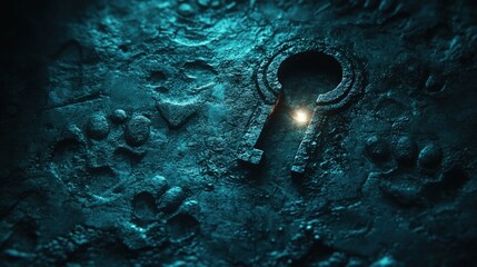 Keyhole among paw prints carved into stone, light shining through. Mysterious and inviting