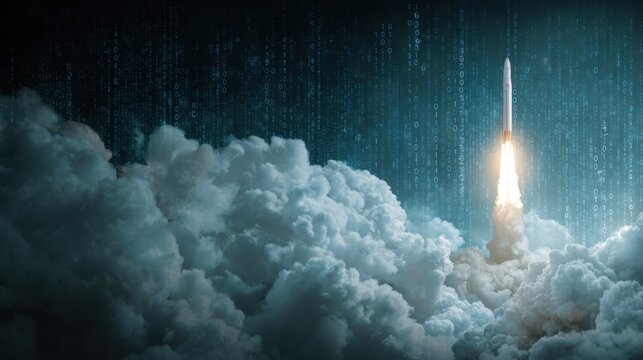 An avantgarde rocket takes off against a backdrop of digital clouds and swirling binary code highlighting advancements in space technology and the limitless possibilities of future