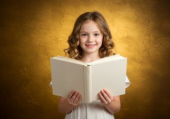 Girl presenting an open book with blank pages