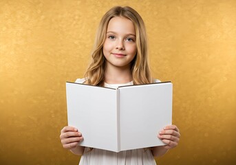 Girl presenting an open book with blank pages