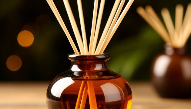 Reed diffuser spreading aromatic oil, emitting soothing fragrance against soft, blurred background with warm ambient lighting, enhancing relaxing home atmosphere