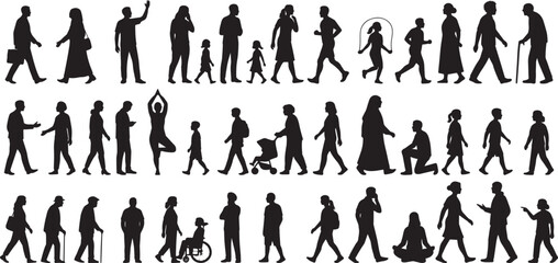 Diverse people walking and interacting silhouettes