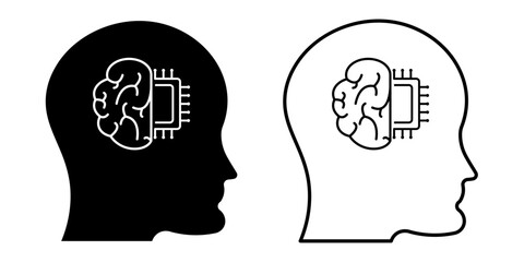Human Profiles with Brain and AI Chip Technology and Mind Interface Vector