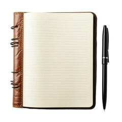 Brown leather bound notebook with lined pages and black pen isolated on a transparent background