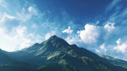 Majestic mountain peak under a vast blue sky with dramatic clouds
