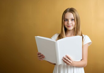 Girl presenting an open book with blank pages