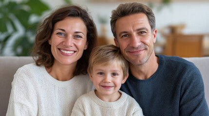 Fototapeta premium Cozy family portrait on couch in a warm home setting