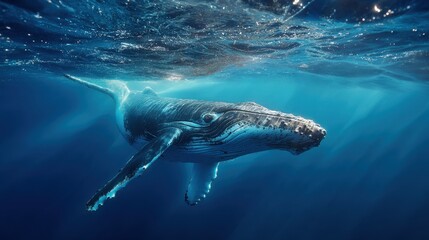 Humpback whale swimming in blue ocean water