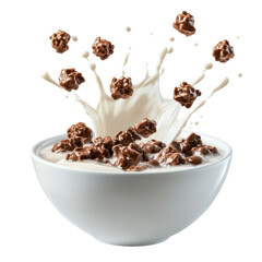 Chocolate cereal pieces splashing into milk isolated on a transparent background
