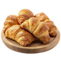 Golden Baked Croissants on Wooden Plate isolated on a transparent background pastry