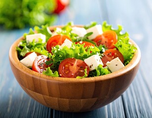 Fresh salad in wooden bowl