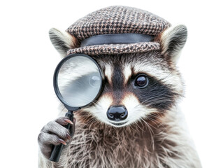 Raccoon wearing cap examining with magnifying glass isolated on a transparent background
