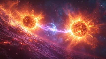 Obraz premium Two suns in fiery embrace, pull the planet in between, engulfed by nebulae and cosmic rays