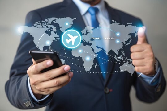 Businessman uses smartphone to plan global travel routes with airplane icon and world map overlay
