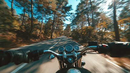 Motorcycle riding down a treelined road