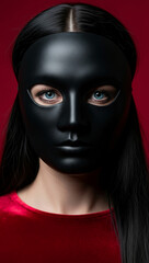 Woman with long black hair wearing a black mask against a red background.  Image conveys mystery and anonymity
