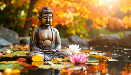Buddha statue autumn garden pond.
