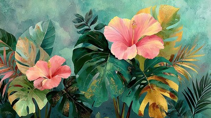 Lush tropical leaves watercolor texture in soft green and pink, organic pattern seamless repeat print design. Botanical foliage wallpaper background