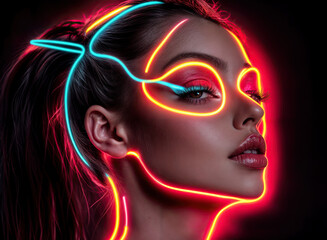 a person with dark hair, wearing vibrant neon lights that outline their face and hair. The neon lights create a striking contrast against a dark background.