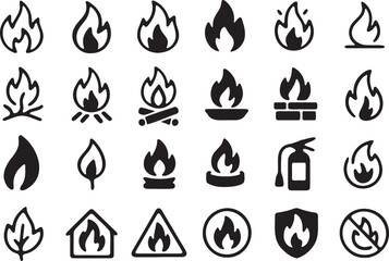 Fire flame icons and safety symbols heat burning
