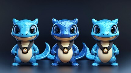 Fototapeta premium Three adorable, stylized, blue lizard-like creatures, pose in a row