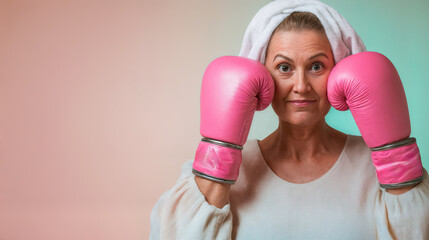 a person wearing a white sweater and holding pink boxing gloves up to their head, with a towel wrapped around their head. The background is split into two colors: light pink on the left and light blue