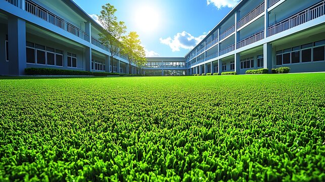 Lush artificial turf field with modern buildings in the background. - Powered by Adobe