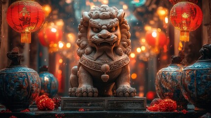 Fototapeta premium Stone lion statue surrounded by hanging lanterns, ornate vases, and flowers in a festive setting