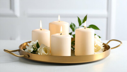 Burning candles with flowers, and tray.