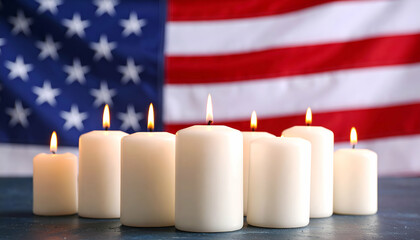 Burning Candles with US Flag Background.
