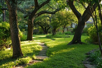Fototapeta premium Stone path meandering through a tranquil garden with vibrant green grass and trees, creating a serene atmosphere