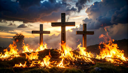 Burning crosses with sunset, and hilltop.