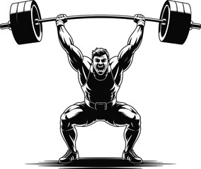 Muscular man lifting heavy barbell weightlifting strongman