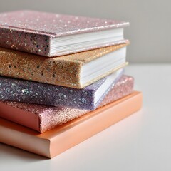 Sparkling Stack of Books A Colorful Glittery Collection for Reading and Inspiration Awaits on the White Table