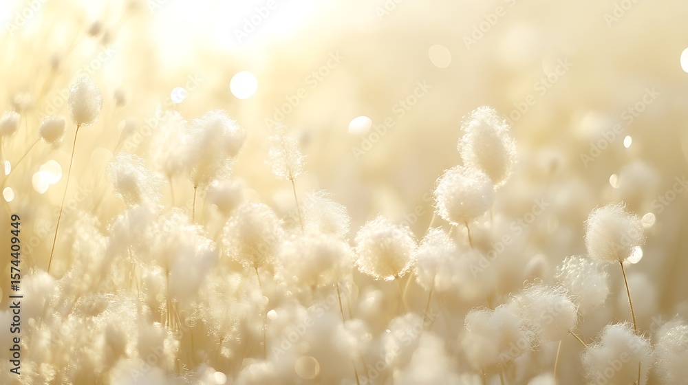 Poster fluffy particles suspended in a soft mist of pale yellow and white, creating a calm and serene atmos
