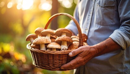 Man holding basket of mushrooms in forest