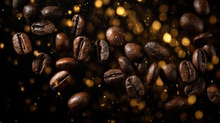 Roasted coffee beans with golden bokeh