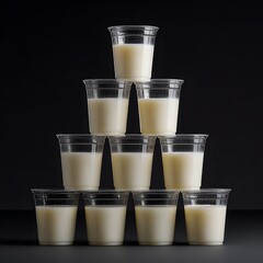 Pyramid of Clear Plastic Cups Filled with White Liquid Against Black Background Displays Purity and Cleanliness