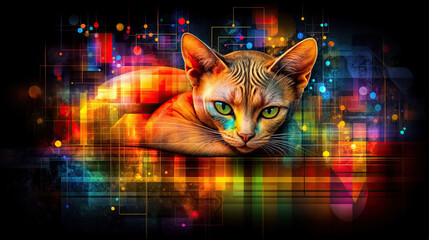 a colorful, abstract background with geometric shapes and vibrant colors, complemented by a Sphynx cat in the foreground that has a mix of orange and white fur.